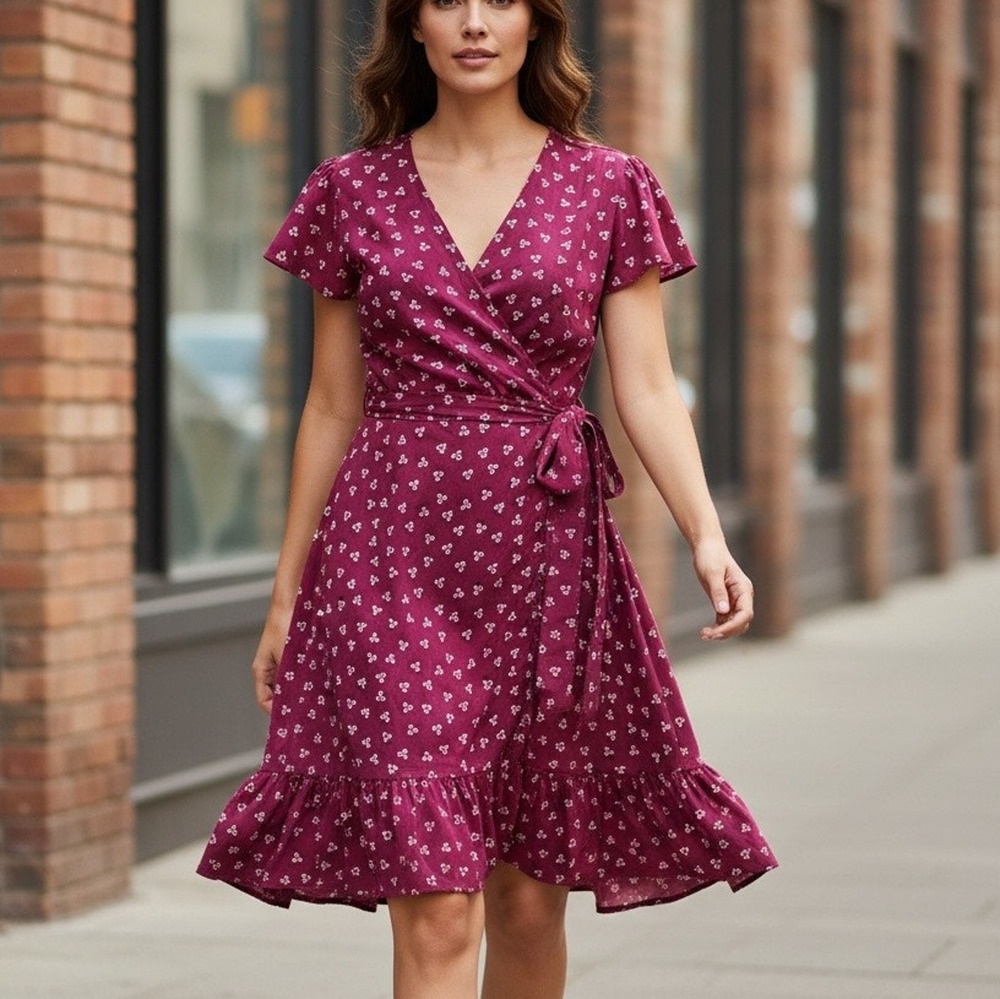Draper James Berry Red Calico Wrap Dress Size 2 Work Cottage Retro Ruffle  $125